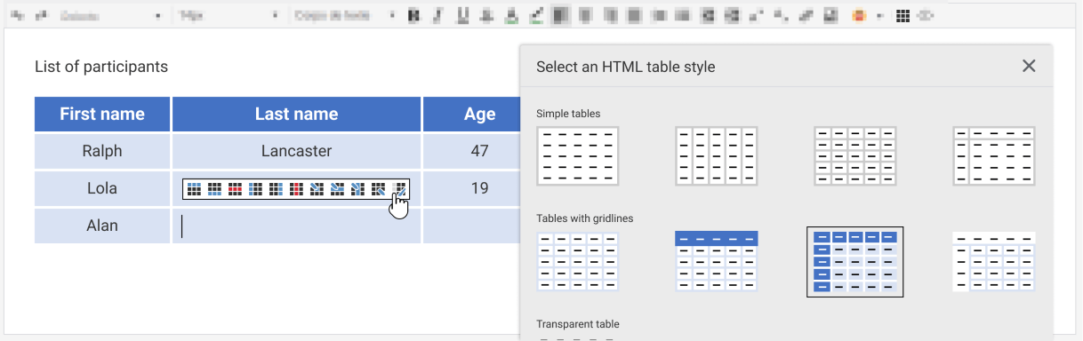 WEBDEV: HTML control with toolbar and table insertion menu
